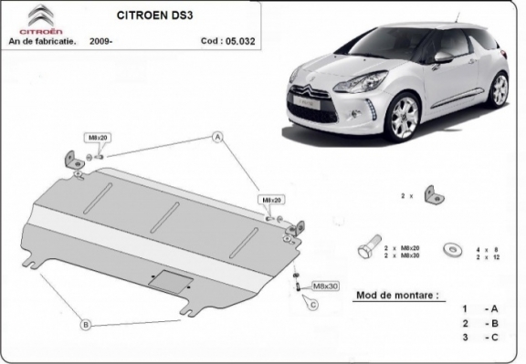 Piastra paramotore di acciaio Citroen DS3