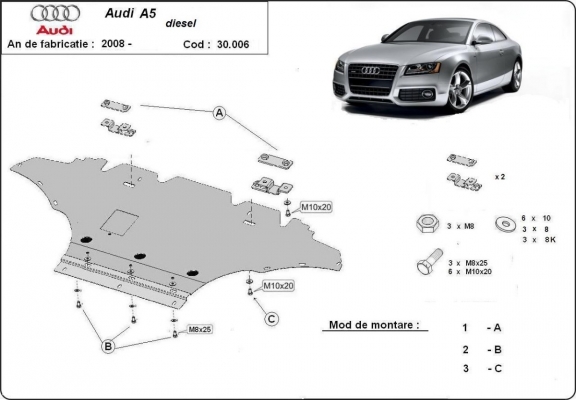 Piastra paramotore di acciaio Audi A5, diesel