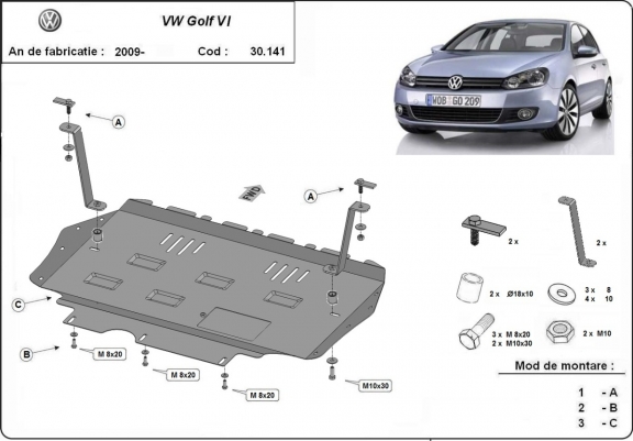 Piastra paramotore di acciaio VW Golf 6