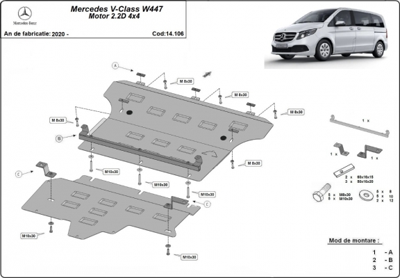 Piastra paramotore di acciaio Mercedes V-Class W447, 2.2 D, 4x4