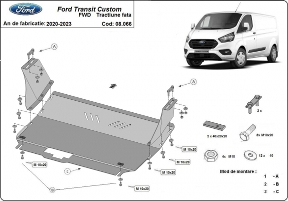 Piastra paramotore di acciaio Ford Transit Custom - FWD
