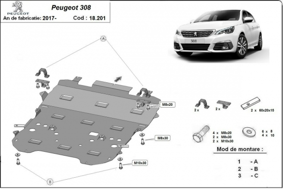 Piastra paramotore di acciaio Peugeot 308