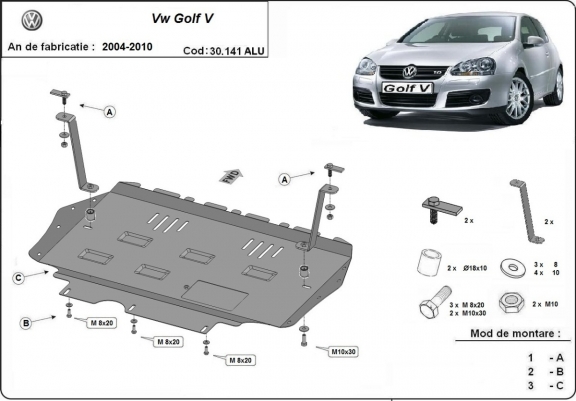 Piastra paramotore di alluminio Vw Golf mk5