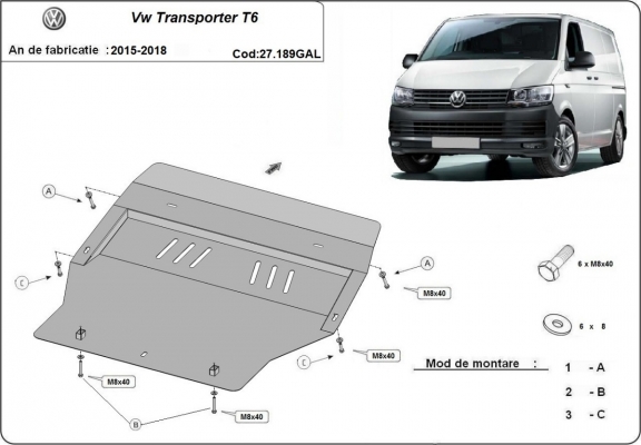 Piastra paramotore di acciaio zincato Volkswagen Transporter T6