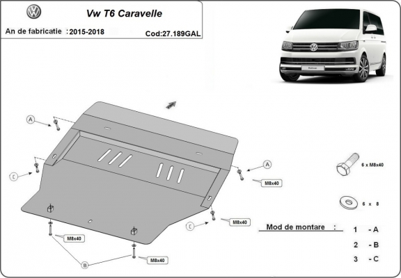 Piastra paramotore di acciaio zincato Volkswagen Transporter T6 Caravelle