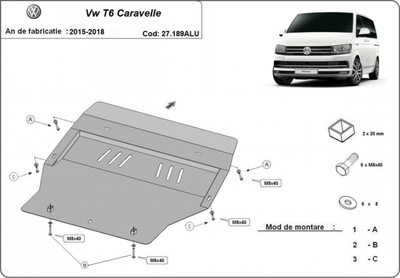 Piastra paramotore di alluminio Volkswagen Transporter T6 Caravelle