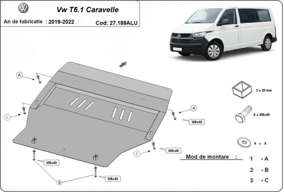 Piastra paramotore di alluminio Volkswagen Transporter T6.1 Caravelle