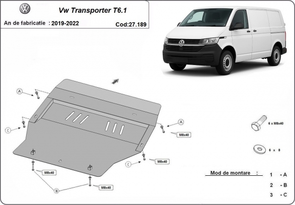 Piastra paramotore di acciaio Volkswagen Transporter T6.1