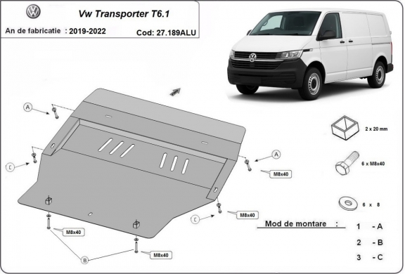 Piastra paramotore di alluminio Volkswagen Transporter T6.1
