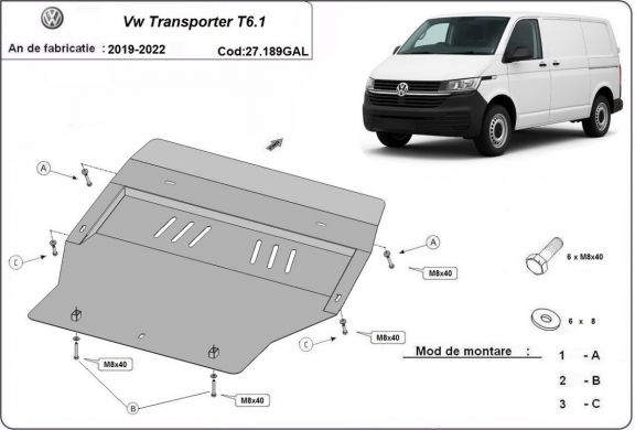 Piastra paramotore di acciaio zincato Volkswagen Transporter T6.1