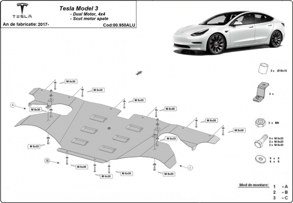 Protezione posteriore motore elettrico in alluminio – Tesla Model 3 AWD