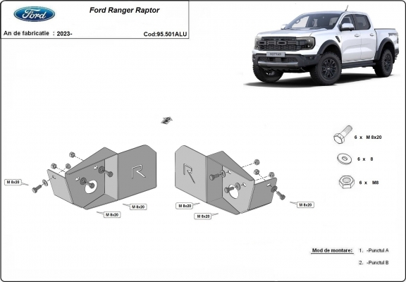 Piastra paramotore alluminio sensore sospensione posteriore Ford Ranger Raptor